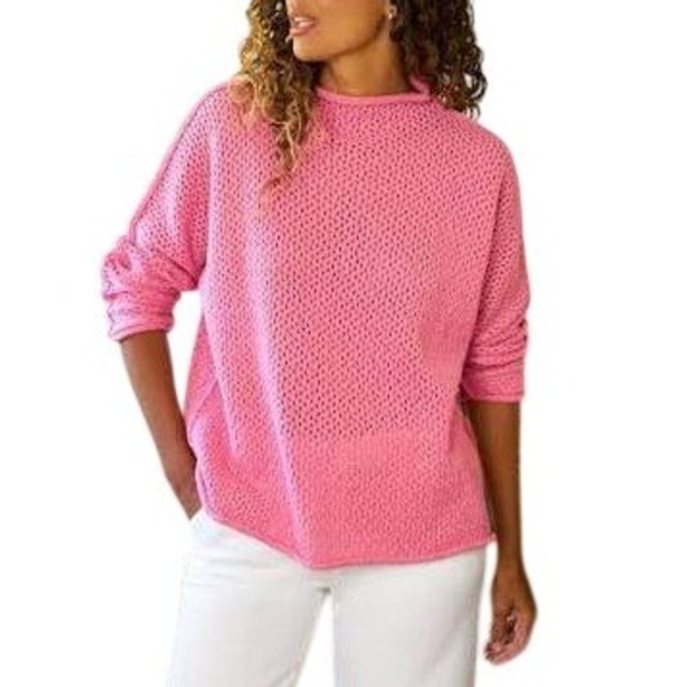 Frank & Eileen Pink Monterey Pointelle Rolled Funnel Neck Sweater L Open Knit